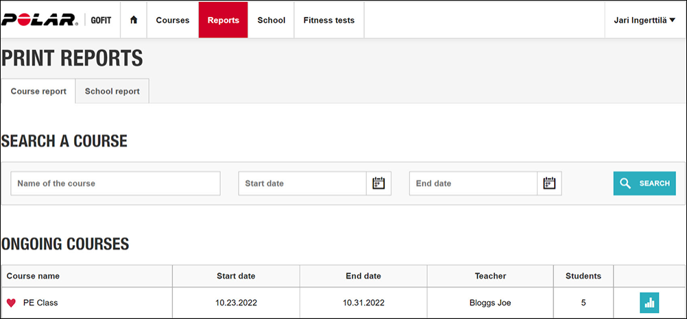 Polar GoFit web UI Reports