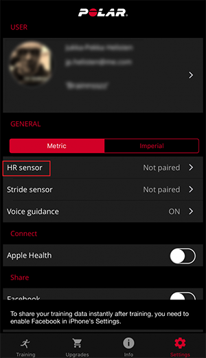 Polar Beat UI iOS settings