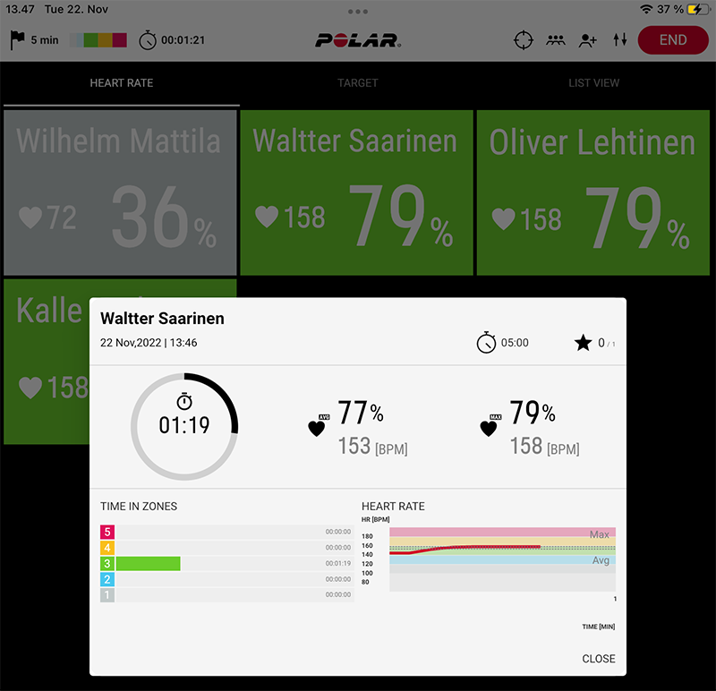 Polar GoFit app UI heart rate view
